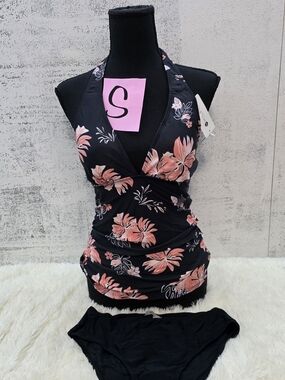 Black & Coral Floral Tankini Set